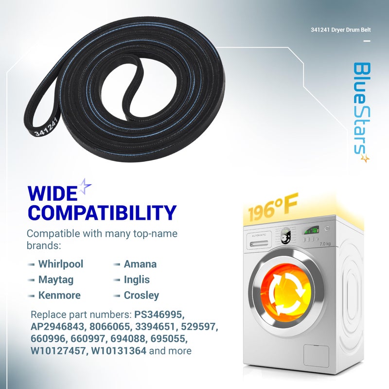 BlueStars 341241 Dryer Drum Belt - Compatible with Whirlpool Kenmore Roper Amana Dryers - Replaces 8066065 AP2946843 W10127457 PS346995 14210003 31531589 31001026 3394651 529597 WED4815EW1 NED4655EW1 - Image 5